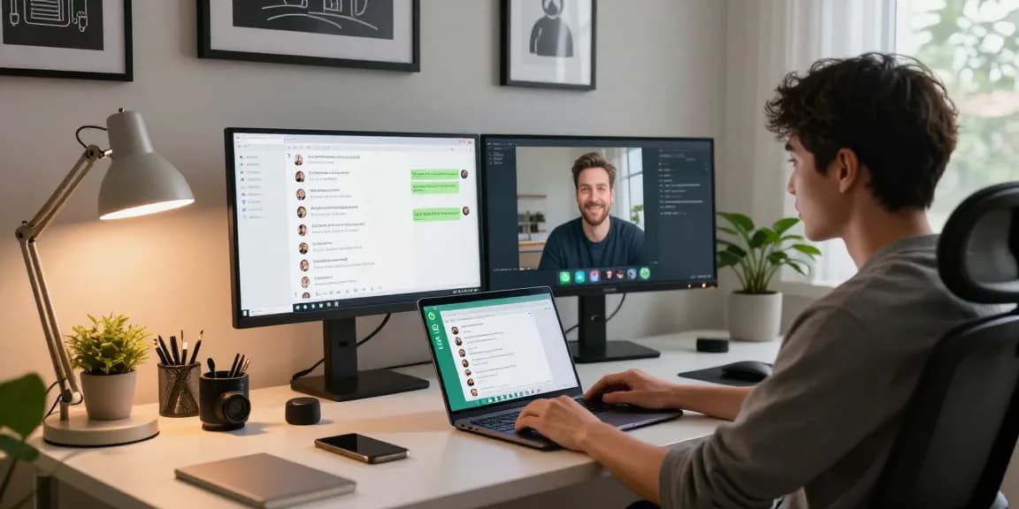 Professional user utilizing WhatsApp電腦版 on laptop in a modern home office.