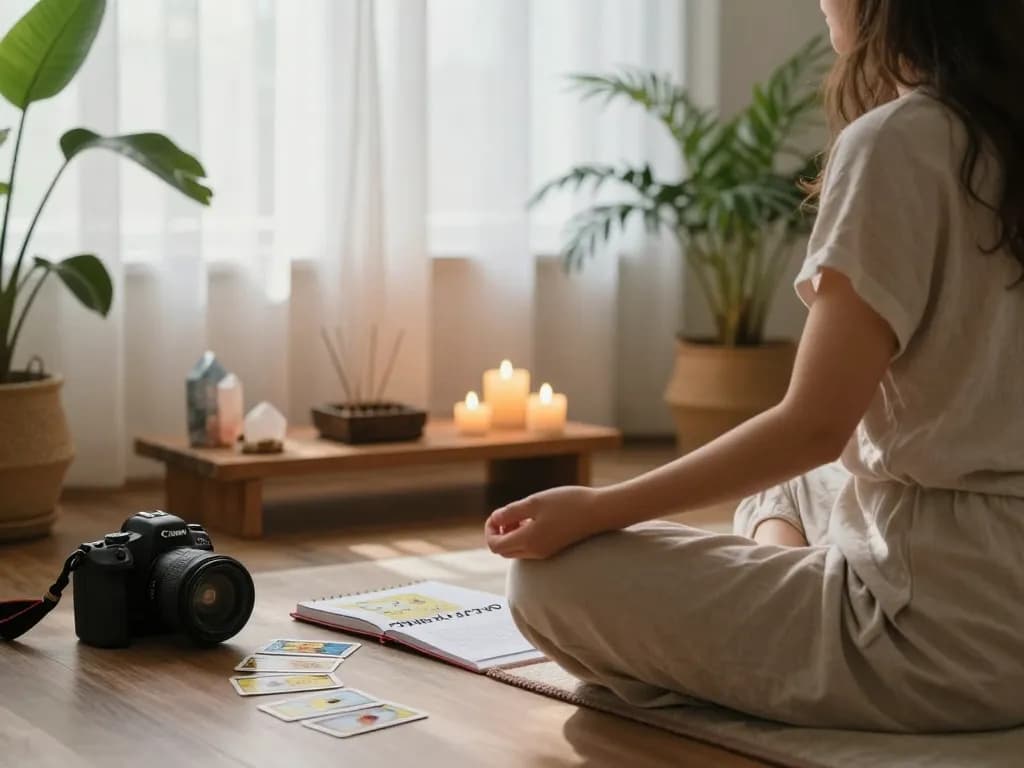 Serene meditation space depicting the exploration of Why can’t I stop thinking about someone with tarot cards and peaceful atmosphere.