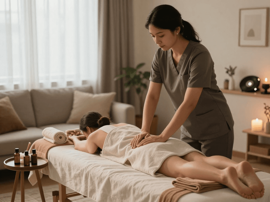 Experience a relaxing 광명출장마사지 in the comfort of your home, featuring a professional therapist preparing a soothing massage environment.