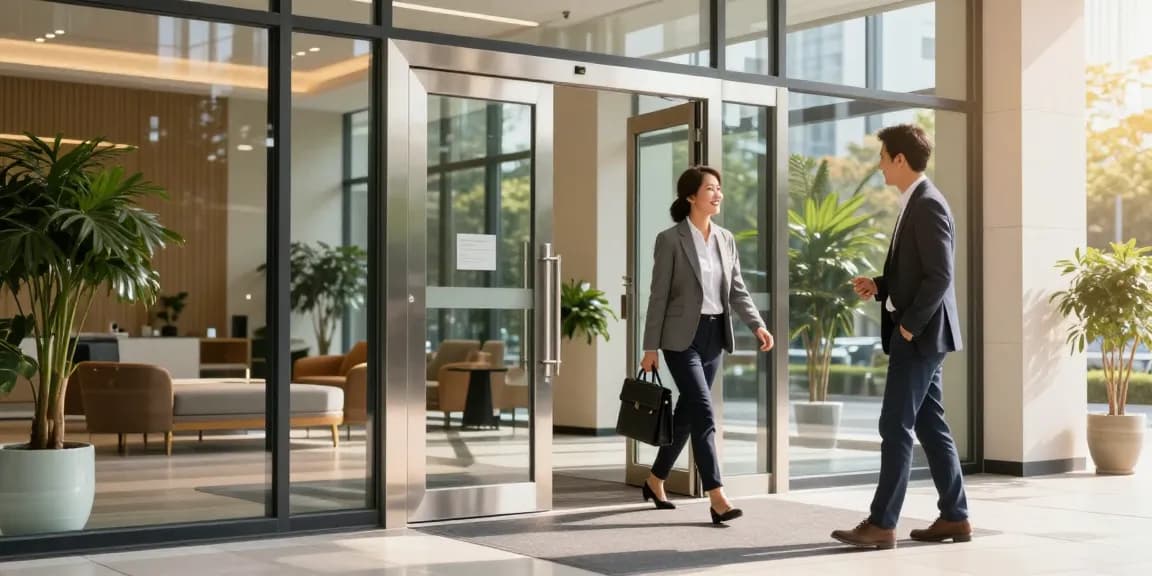 Single leaf double swing door at a modern office entrance, inviting business professionals.