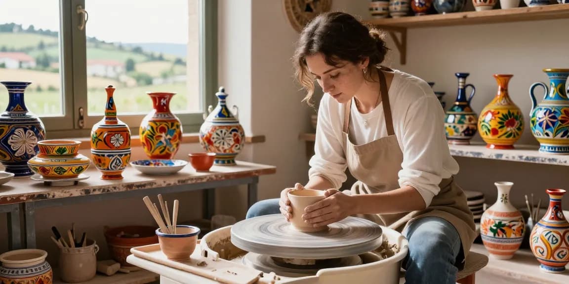 Artisan crafting Deruta pottery in a sunlit workshop, showcasing intricate designs and vibrant colors.