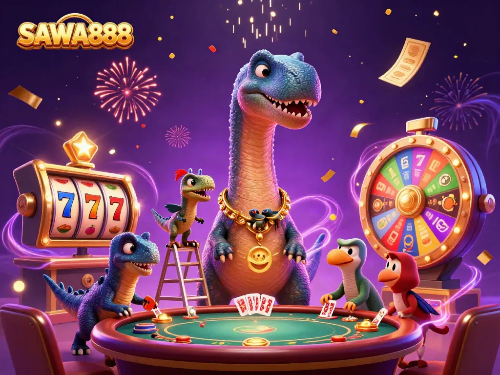 Experience the excitement of SAWA888 with a vibrant scene of a brontosaurus and raptor engaging in casino games.
