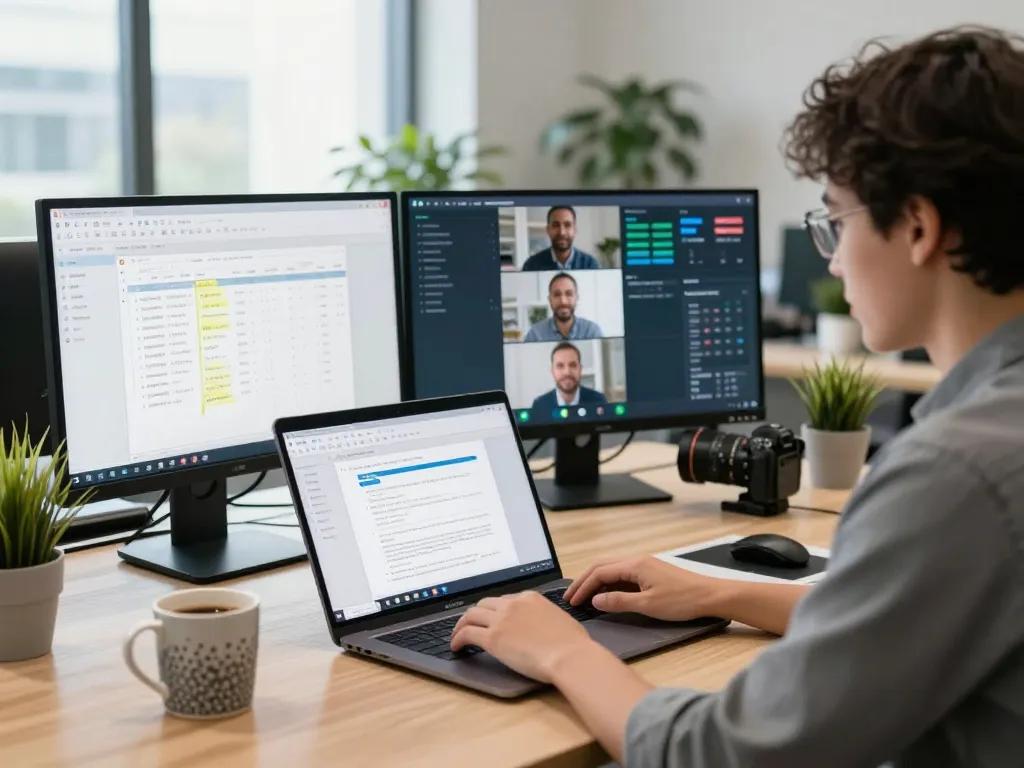 Engaging office scene with WPS Office on laptop showcasing collaboration and productivity.
