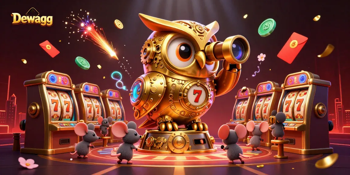 Dewagg players enjoying dynamic slot games with a vibrant owl character and gold coins.