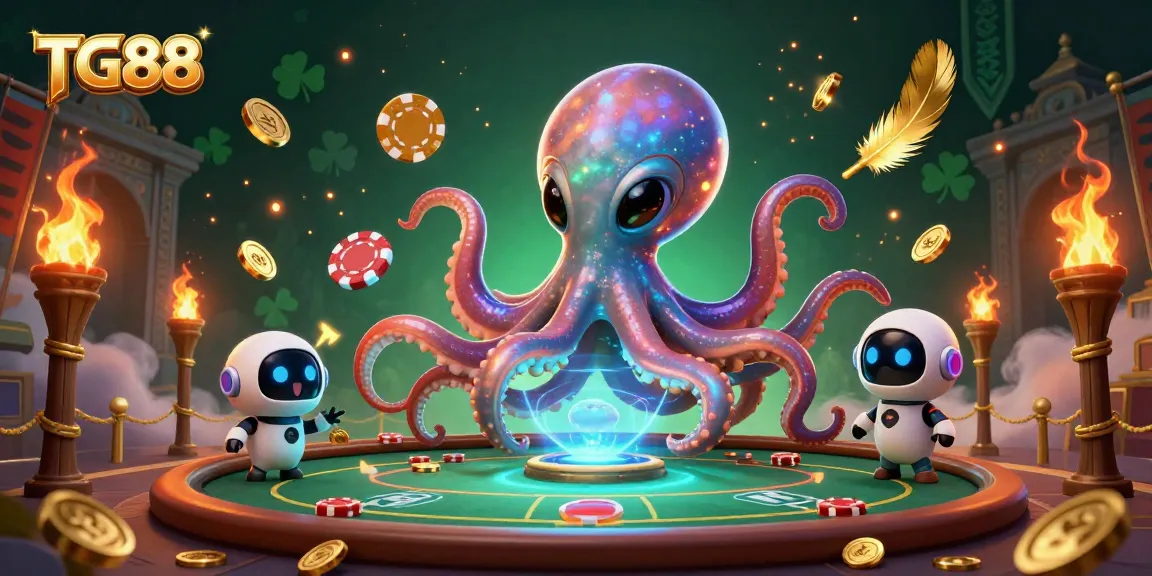 Experience the excitement of TG88 with our 3D alien octopus enjoying a poker game surrounded by dynamic casino elements.
