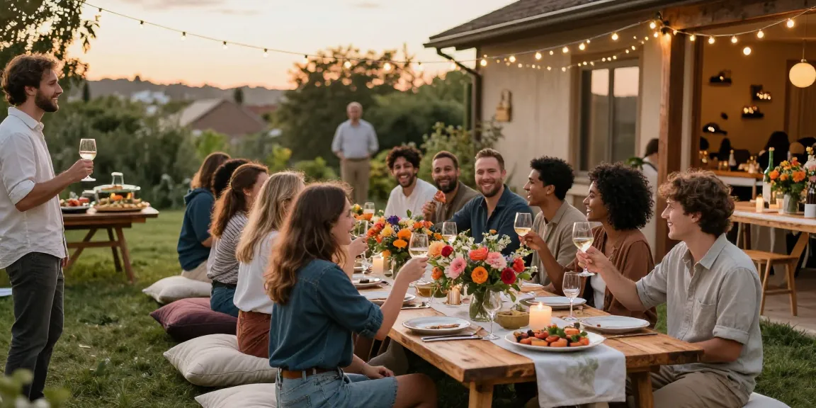 Gathering of friends enjoying an outdoor dining experience for entertaining blogs, featuring festive elements and joyful interactions.