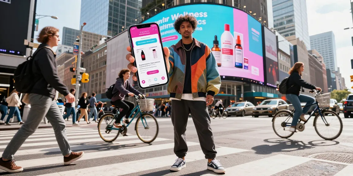 buy cocaine powder online in a bustling urban scene with a stylish shopper using a smartphone