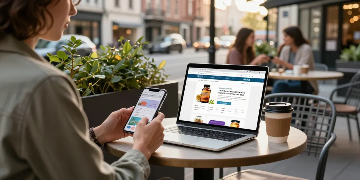 Person browsing to buy crystal methamphetamine online at a trendy café, showcasing modern lifestyle and wellness.