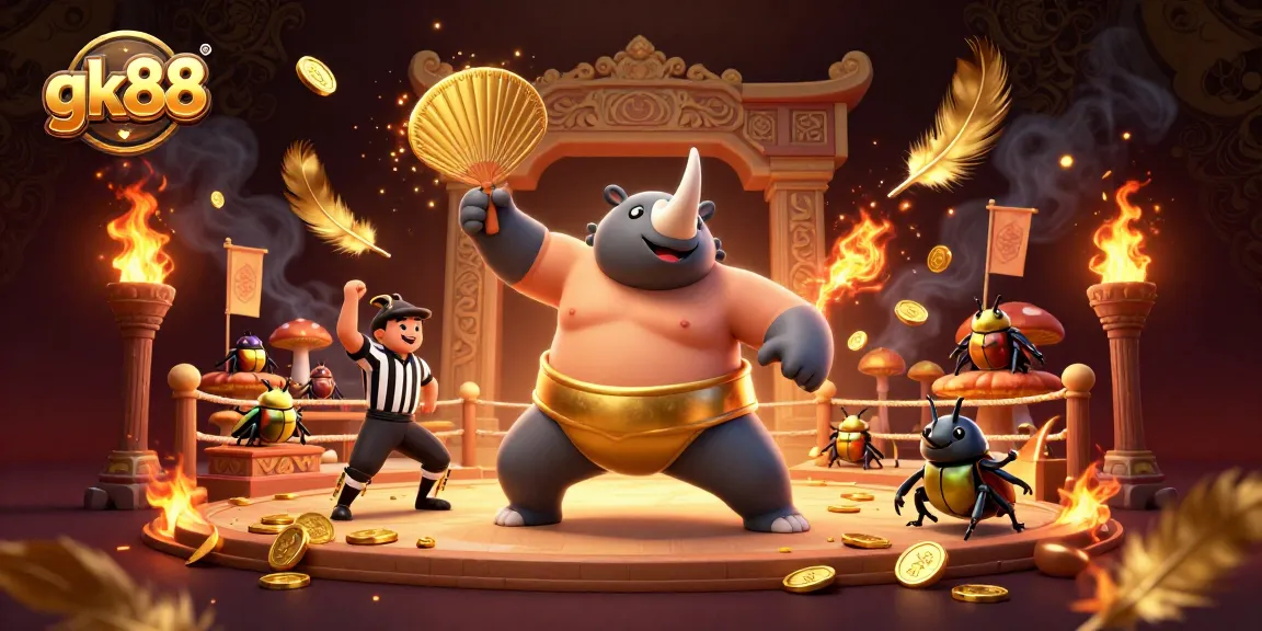Experience gk88's vibrant casino scene with a sumo beetle champion amidst golden coins and dynamic excitement.