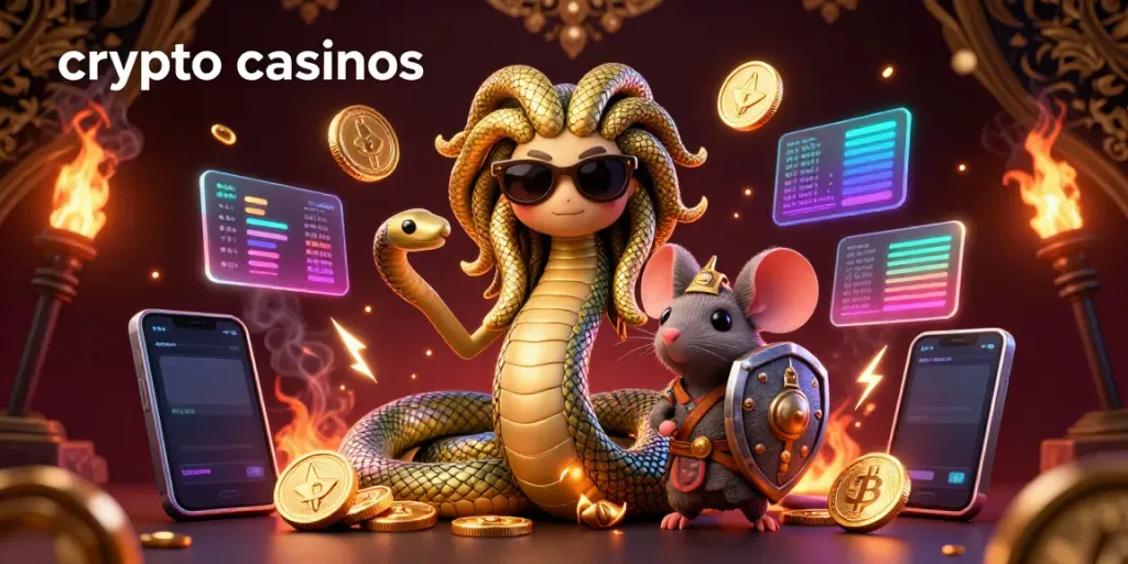 Engage with crypto casinos through a vibrant illustration featuring Medusa and warrior mouse amid glowing coins.