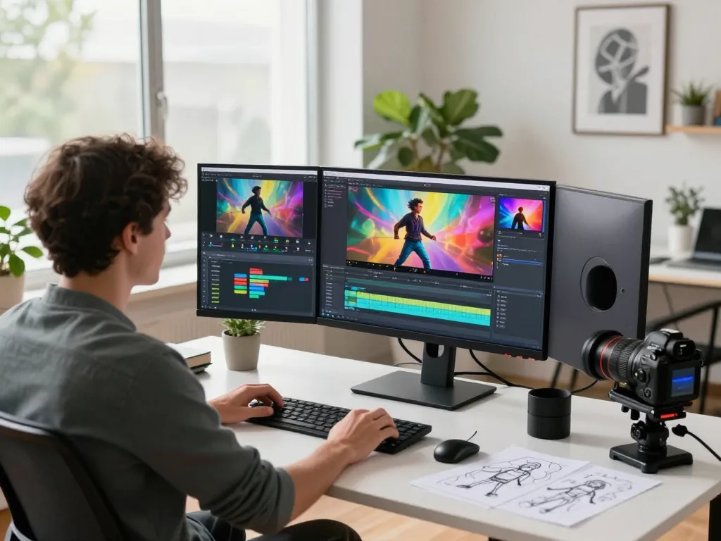 Content creator using Kling 2.24 in a modern video studio, editing AI-generated motion videos with vibrant visuals.