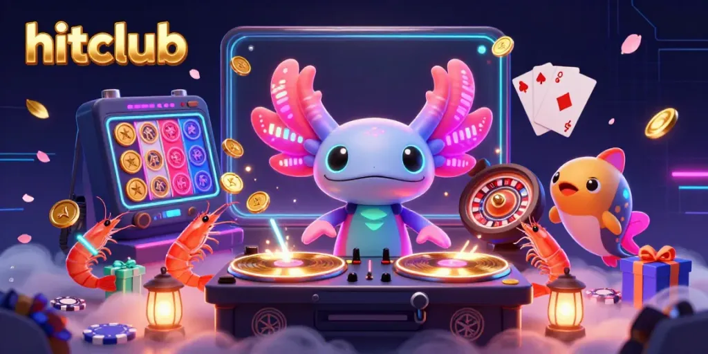 Experience hitclub with a vibrant 3D scene of an axolotl DJ, golden coins, and lively characters in a casino atmosphere.