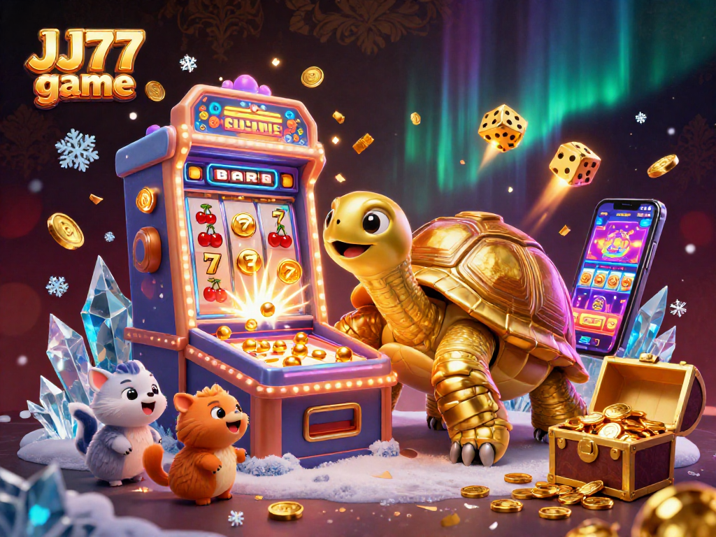 Experience the thrilling JJ77 game with a vibrant illustration of a colossal tortoise pinball machine amidst a jackpot explosion.