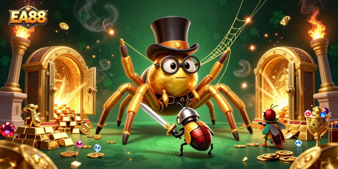 Engage with EA88's thrilling casino experience surrounded by golden treasures and iconic characters.