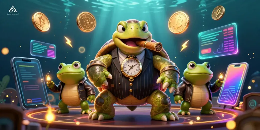 Engaging keonhacai5 illustration featuring a vintage mobster turtle with bullfrog enforcers amidst glowing crypto elements.