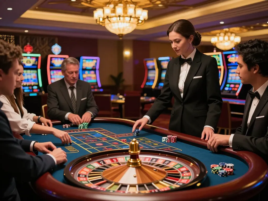 Players engaging in high-stakes roulette at a luxurious casino promoting 78winbiz excitement.