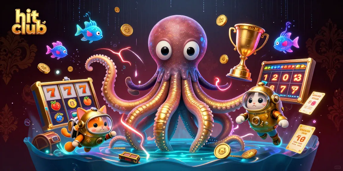 Engage in epic adventures at hit club with the giant kraken and vintage diving cat in a vibrant casino scene.