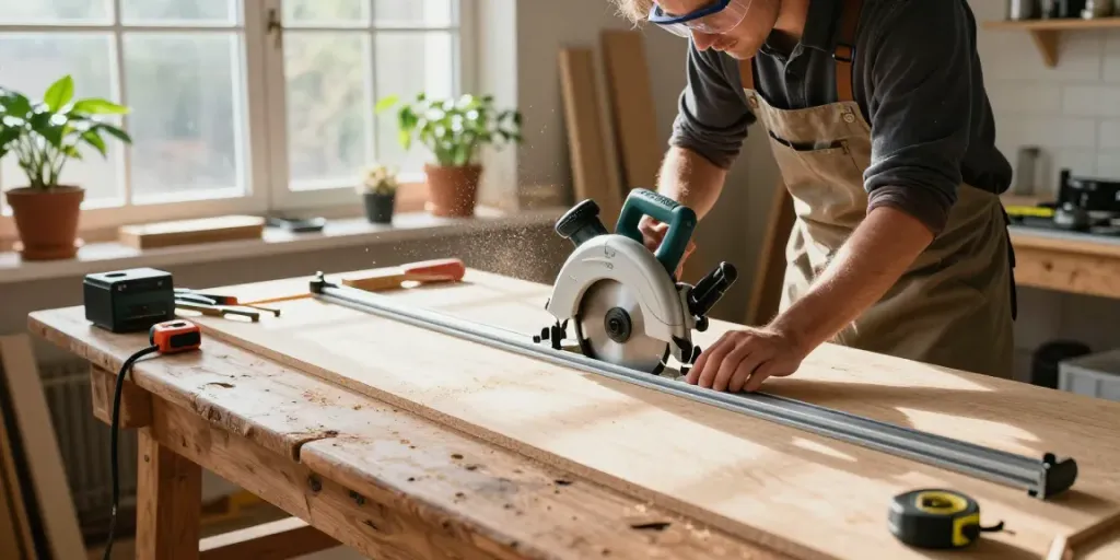 Circular saw guide rail in use by a craftsman in a home workshop, ensuring precise cutting of plywood.