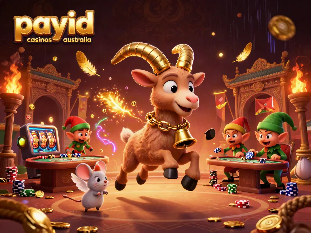 Engaging scene at payid casinos in australia featuring a festive Krampus goat, an orderly angel mouse, and mischievous elf gremlins amidst vibrant casino elements.