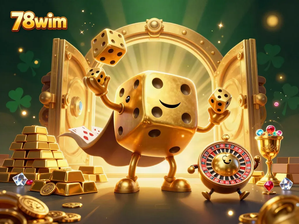Engage in thrilling gameplay at 78wim with our golden dice golem and treasure-filled scene.