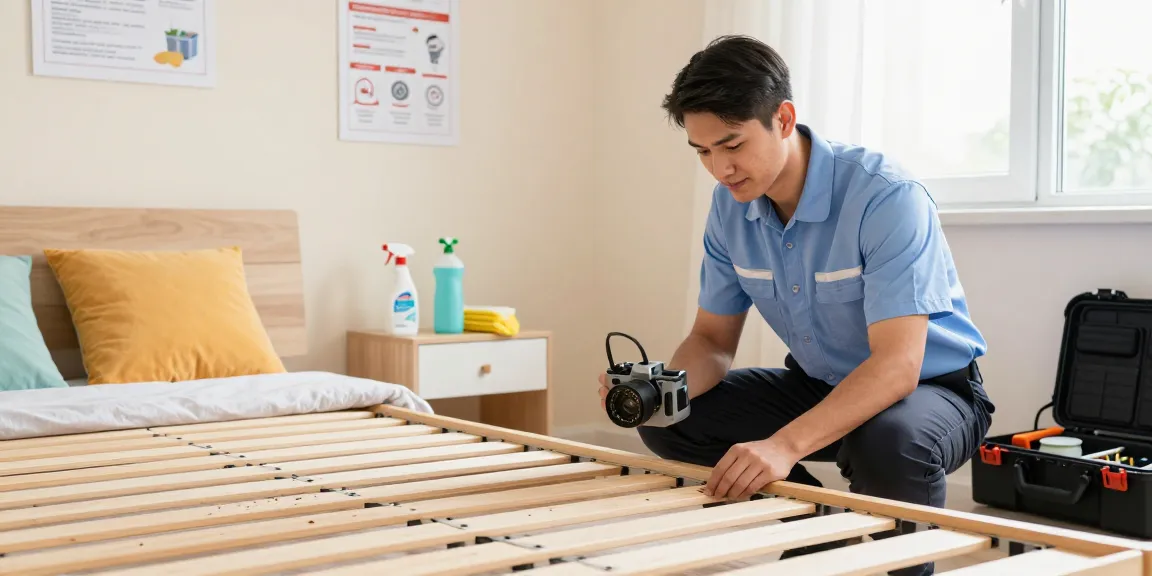 Professional pest control technician inspecting for bed bug control in a bright, welcoming bedroom.