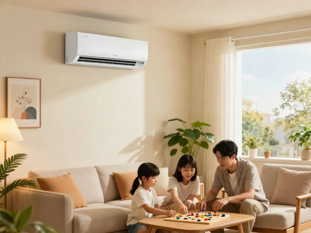 Ductless air conditioner mini enhancing family comfort in a bright living room atmosphere.