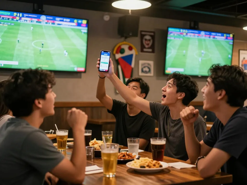 Sahabat merayakan sambil menggunakan aplikasi Judi Bola saat pertandingan sepak bola di bar olahraga.