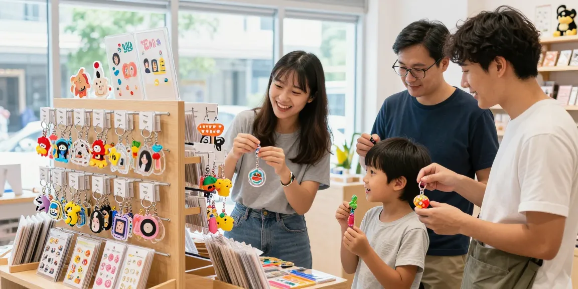 Custom keychains on display in a vibrant shop with engaging customers.