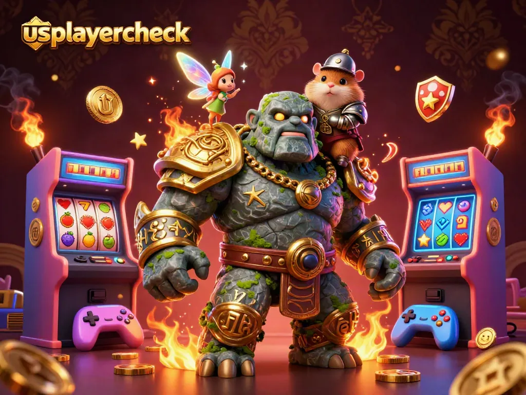 Experience casino thrills with usplayercheck's exciting 3D golem scene featuring vibrant slot game elements.
