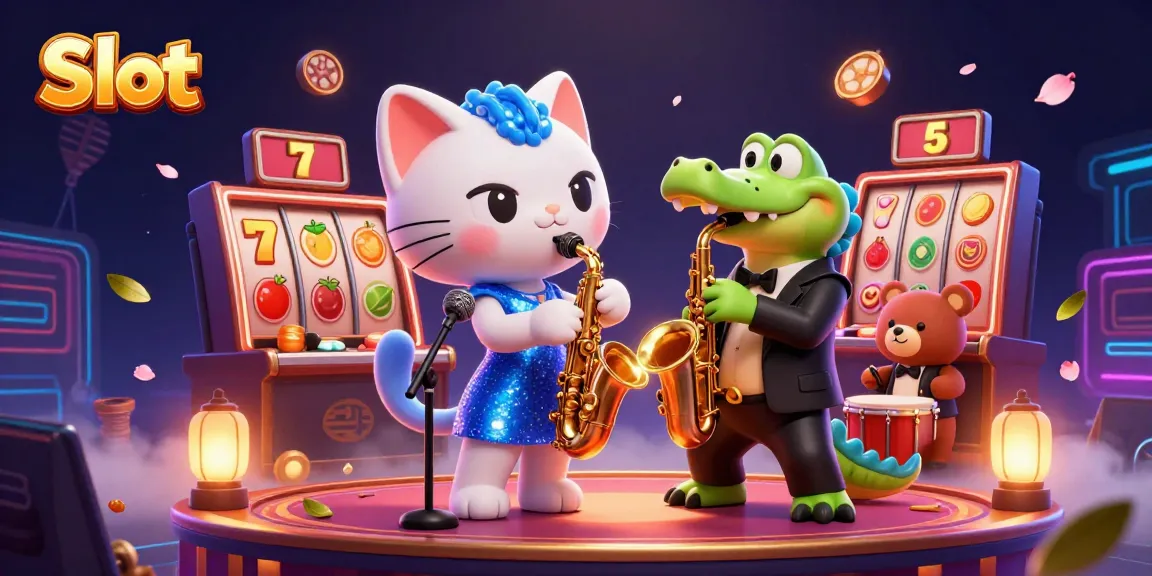 Slot menghadirkan suasana kasino yang meriah dengan karakter kucing penyanyi jazz dan simbol keberuntungan.
