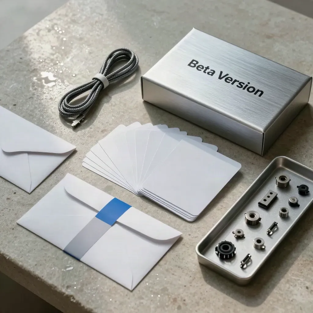 Brushed-aluminum beta release kit, blank cards and precision parts on rain-damp stone.