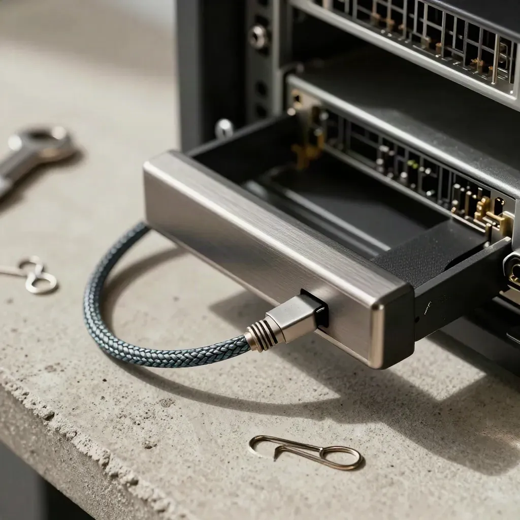 Top-down macro of server hardware parts on pale concrete with soft blue cable detail