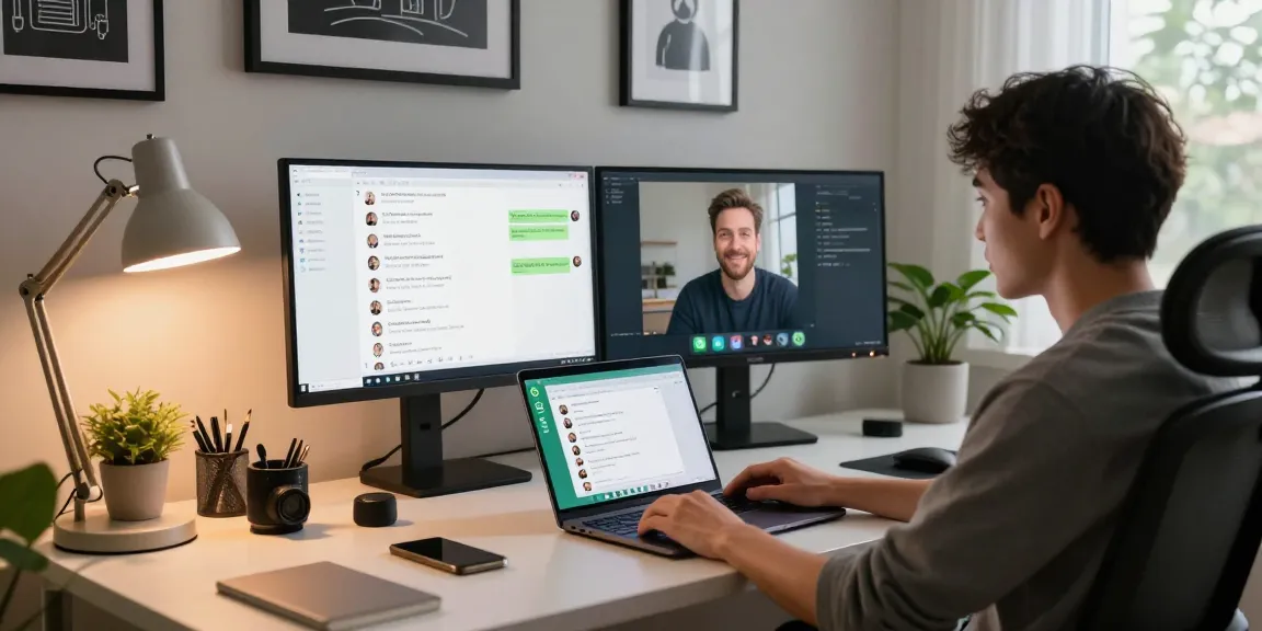 Professional user utilizing WhatsApp電腦版 on laptop in a modern home office.