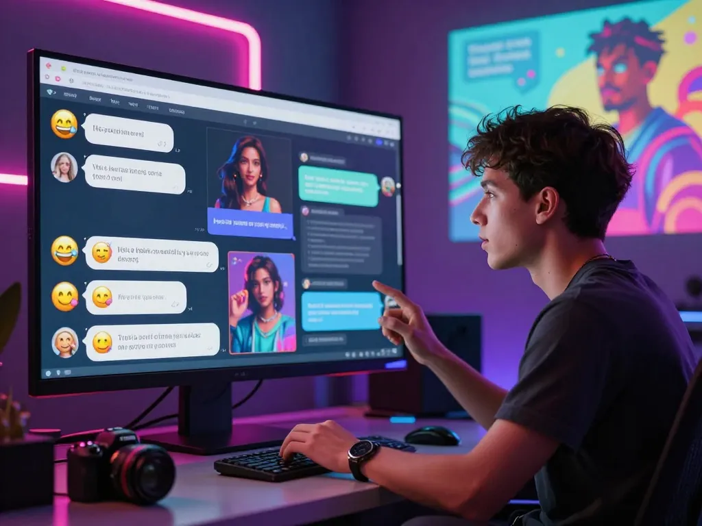 Engaging AI NSFW chat scene with user and virtual character in a vibrant digital environment.