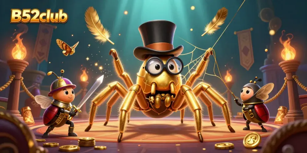 B52club showcases an exciting 3D scene with a golden tarantula and beetle knight amid casino elements.