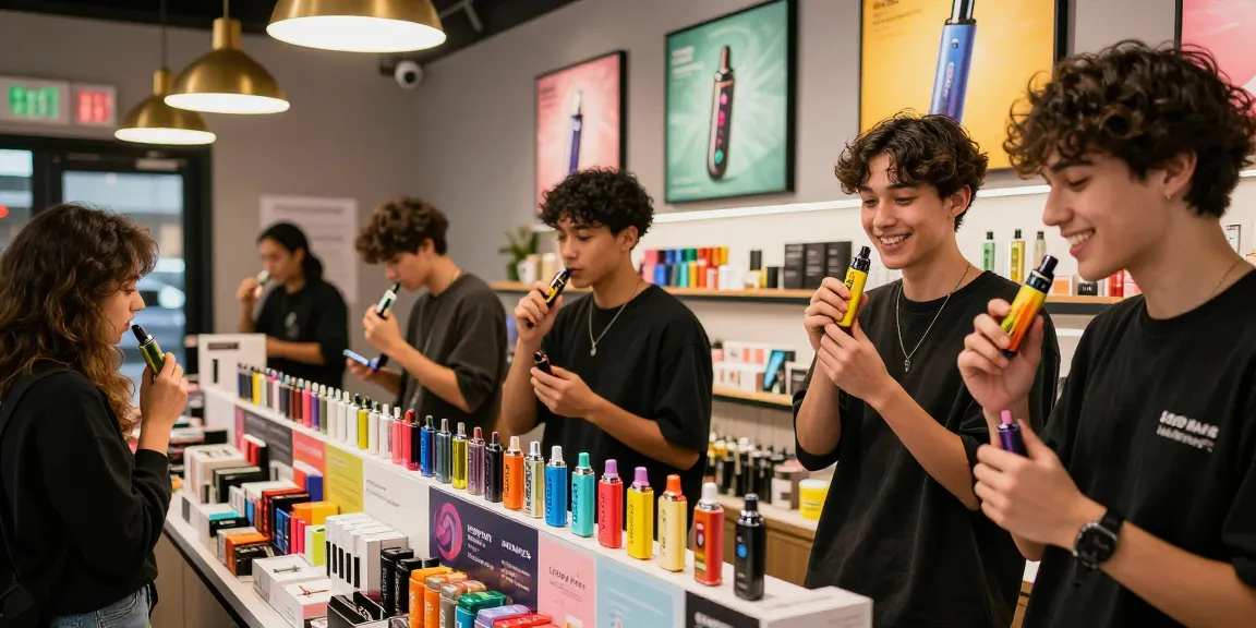 Exploring top disposable vapes in USA at a vibrant vape shop filled with diverse brands and flavors.