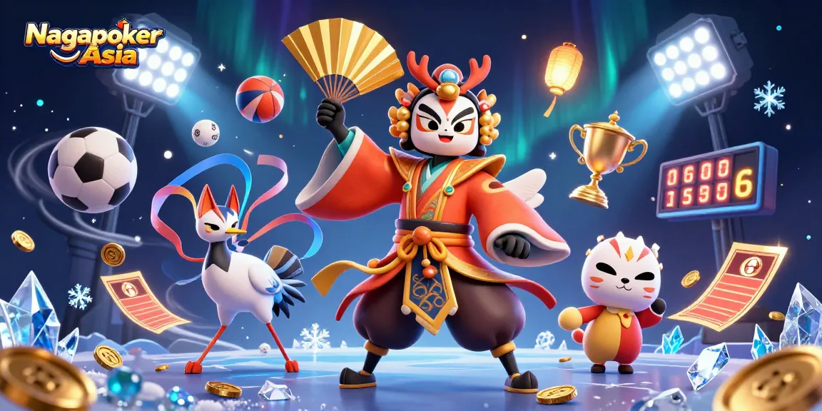 Nagapoker Asia showcases vibrant online casino action with kabuki warrior and sports elements.