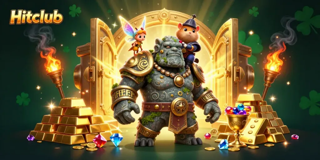 Engaging Hitclub illustration showcasing a fantastical scene with a golem guardian, fairy, and hamster knight surrounded by treasure, perfect for gambling.