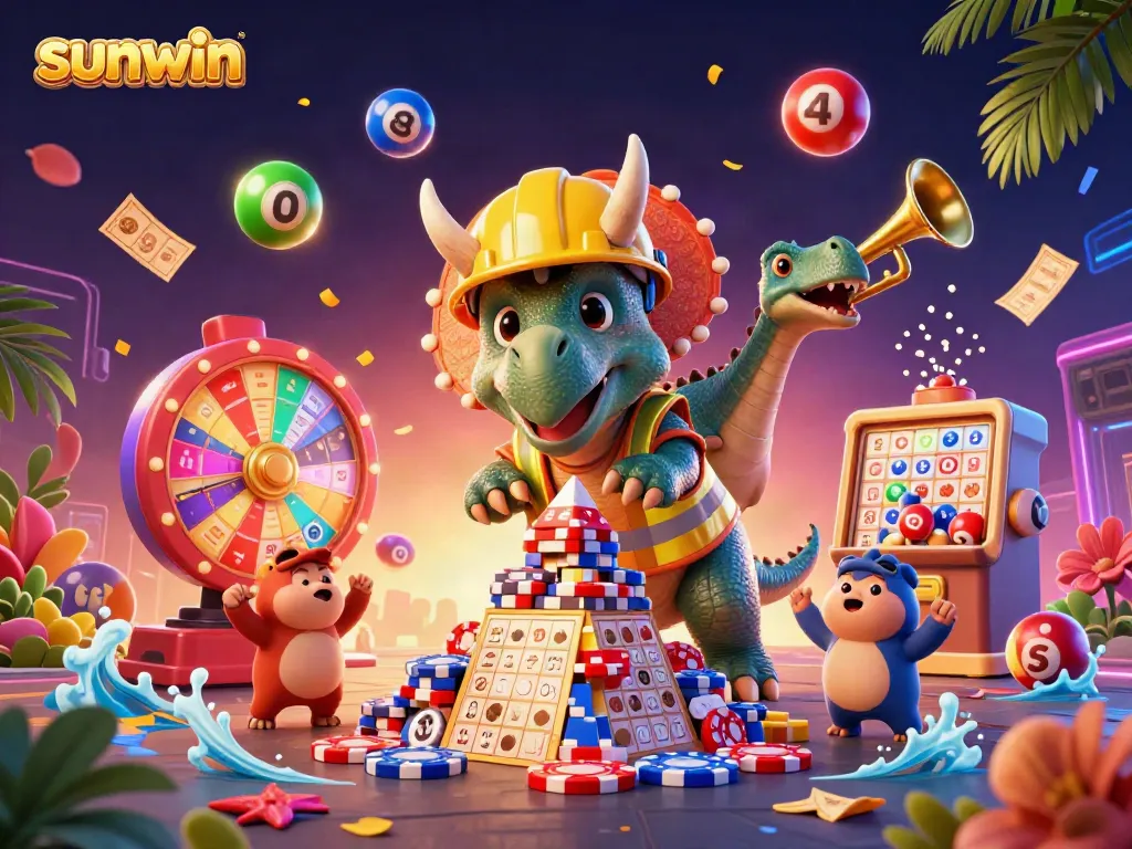Experience thrilling gameplay at sunwin with a triceratops building poker chips under vibrant casino elements.
