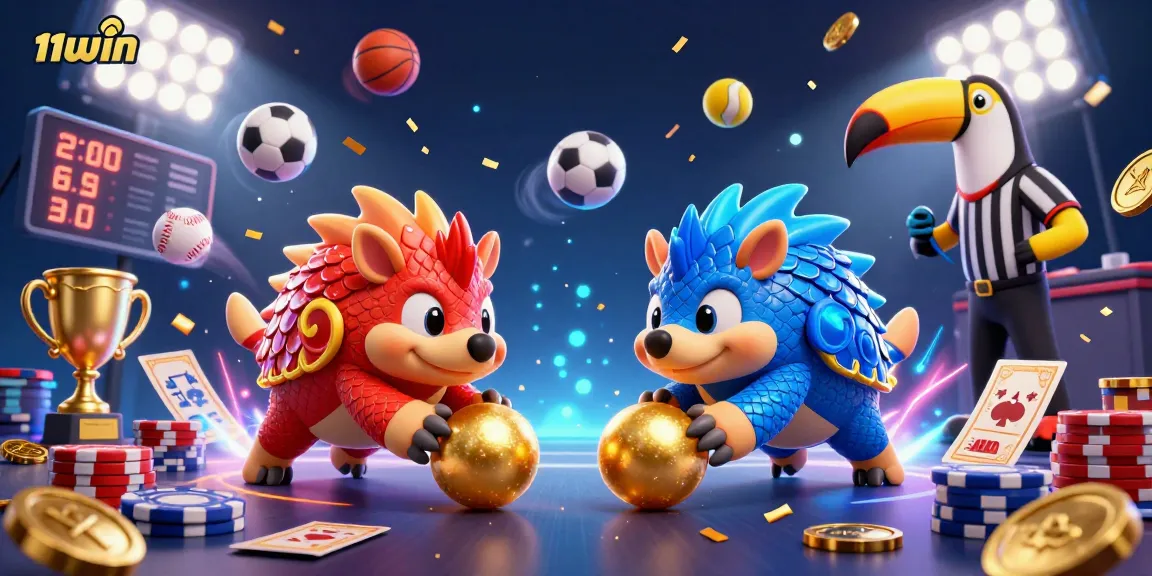 Engaging illustration of rival pangolins in a bowling game filled with poker chips, representing 11WIN casino excitement.