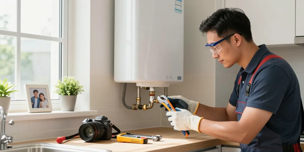 Water heater repair San Diego by a licensed plumber in a modern kitchen, showcasing tools and maintenance inspection.