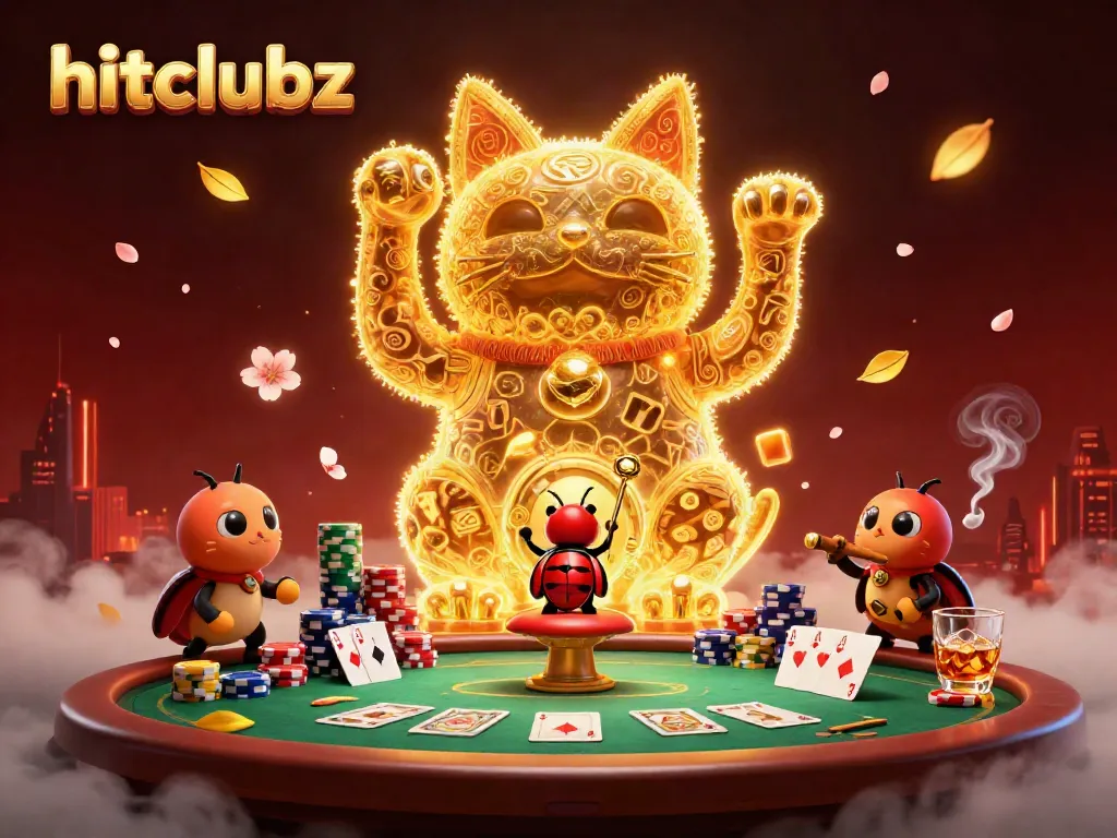 Experience the thrilling atmosphere of hitclubz with a golden lucky cat and lively poker elements.