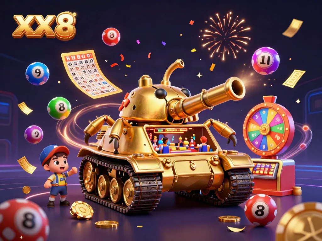 Experience the dynamic XX 8 casino fun with a golden beetle tank and lottery elements bursting with excitement.