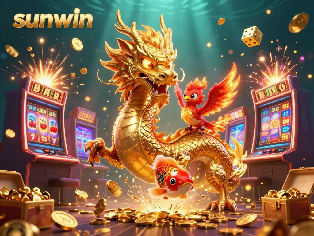 Experience the thrill of sunwin gaming with a dynamic scene featuring a golden dragon, phoenix, and koi amidst casino symbols and coins.