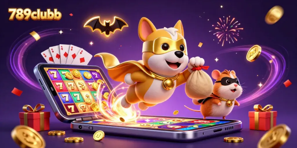 Experience the thrill of 789clubb with a superhero dog, golden coins, and vibrant casino elements.