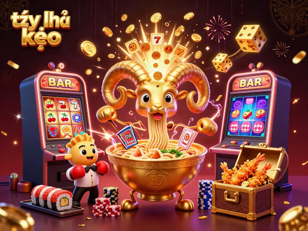 Engaging scene of animated characters illustrating tỷ lệ kèo with casino elements like slots and golden coins.