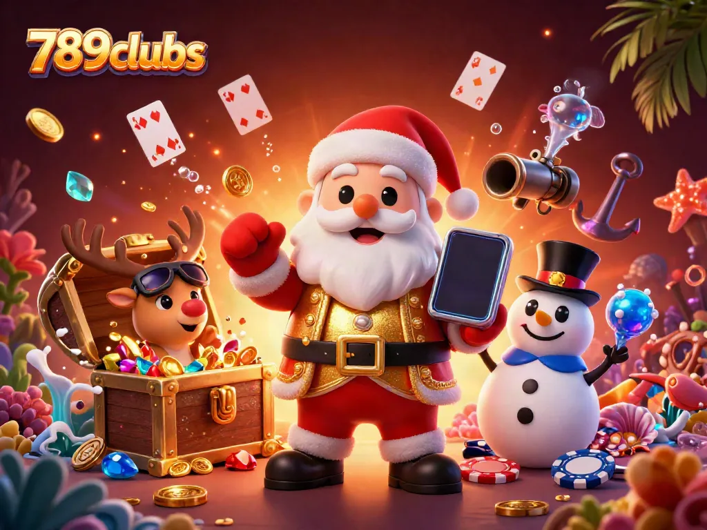 Experience thrilling jackpots at 789clubs with Santa, his reindeer dealer, and a poker chip snowman in this vibrant casino scene.