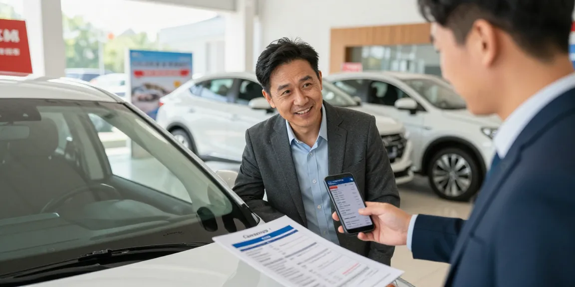 Engaged couple checking a Carpeep report for best car history check UK at a dealership