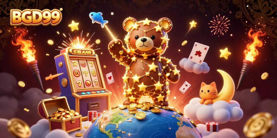 Experience the thrilling action of BGD99 with a 3D casino scene, showcasing a constellation bear, golden coins, and a vibrant slot machine.