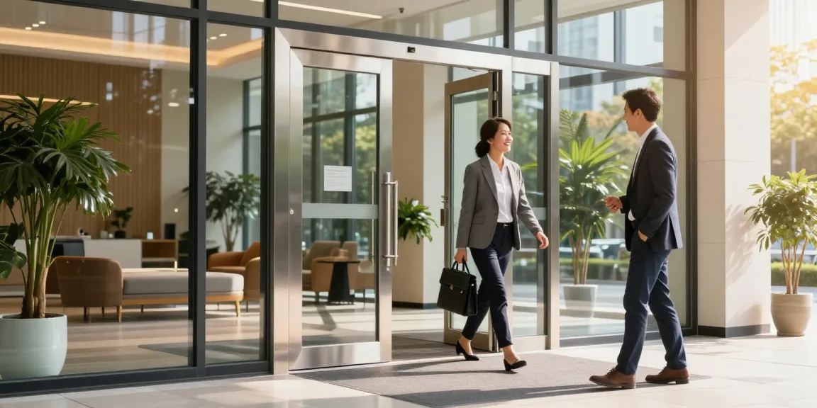 Single leaf double swing door at a modern office entrance, inviting business professionals.